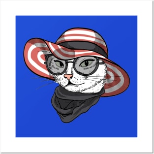 Elegant Cat Woman face with wide brimmed hat, sunglasses and scarf Posters and Art